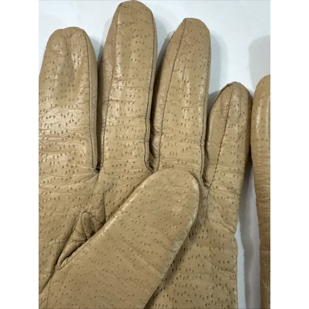 Vintage 70s Women M Tan Leather Driving Gloves Pierced Distressed Pin Dot Dress